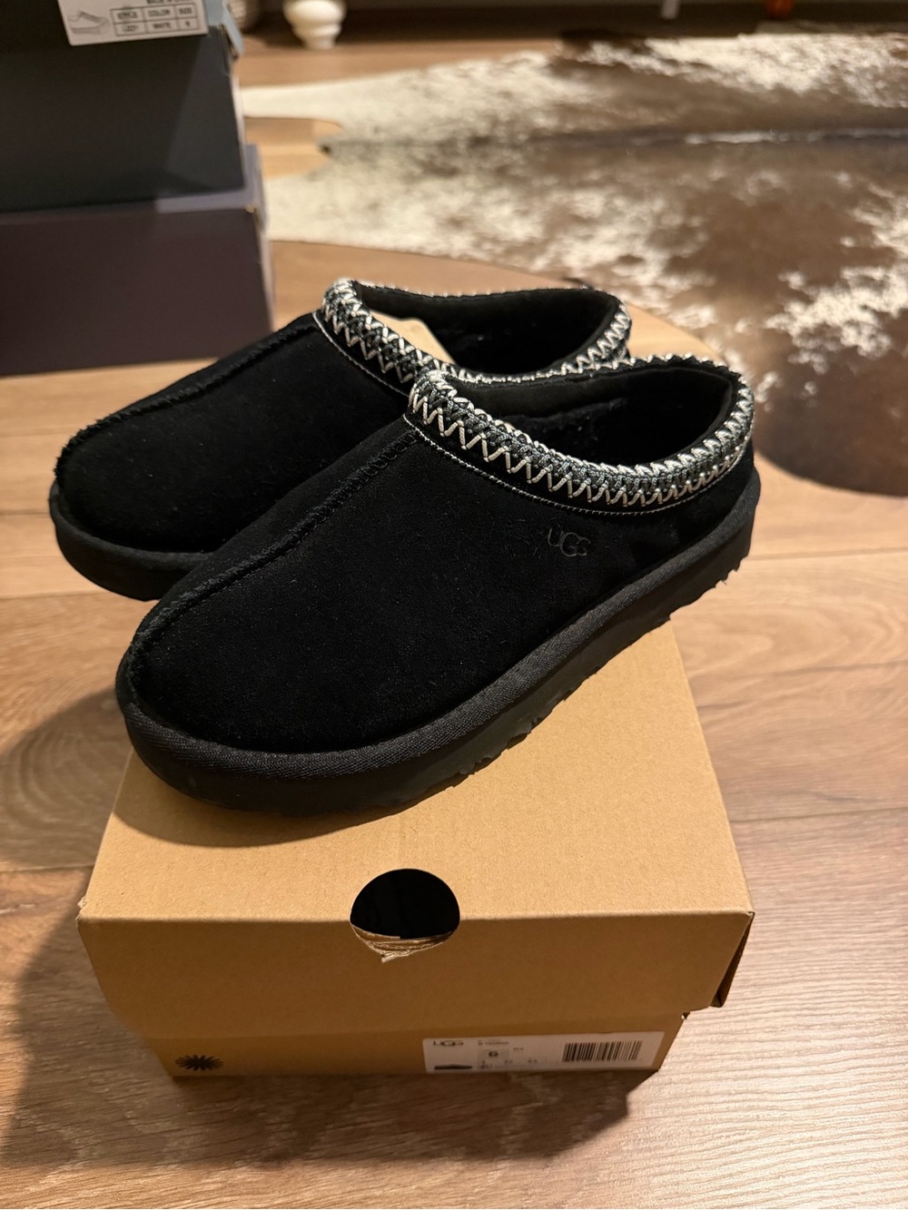 UGG TASMAN Black Suede Slip-On Slippers with Woven Trim